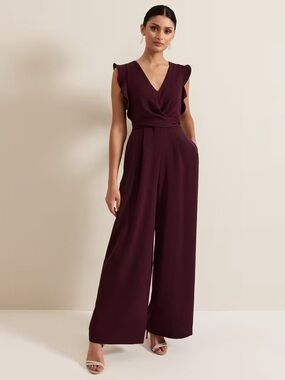 Eliza J Sleeveless Ruffle Neck jumpsuit  in burgundy